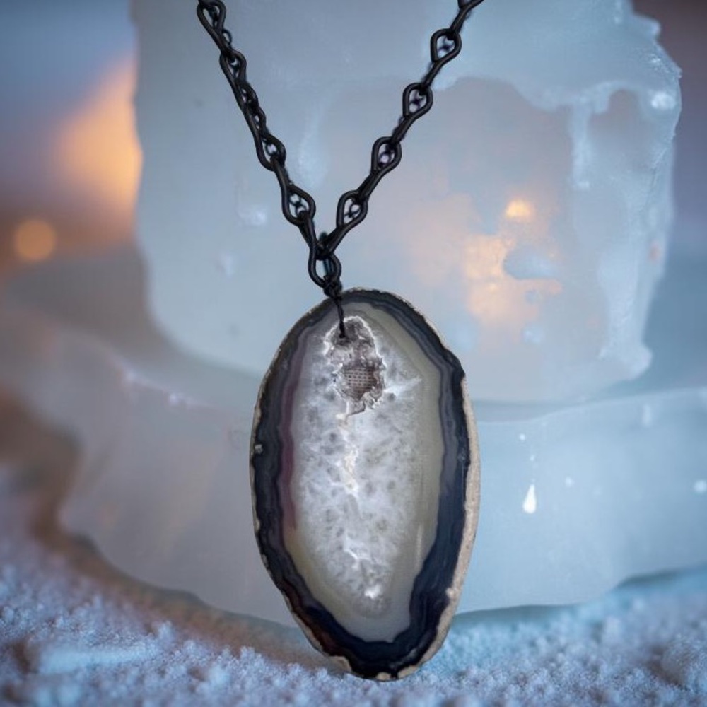 OOAK Druzy Agate Geode Pendant Necklace | Black Chain | Vintage Edgy Boho